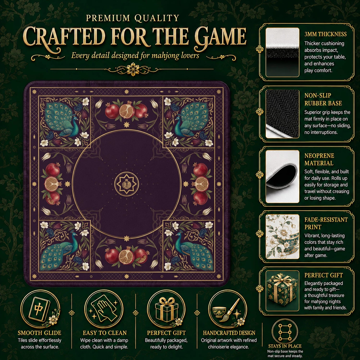 Plum Peacock Mahjong Mat - Mah Jongg Table Mat