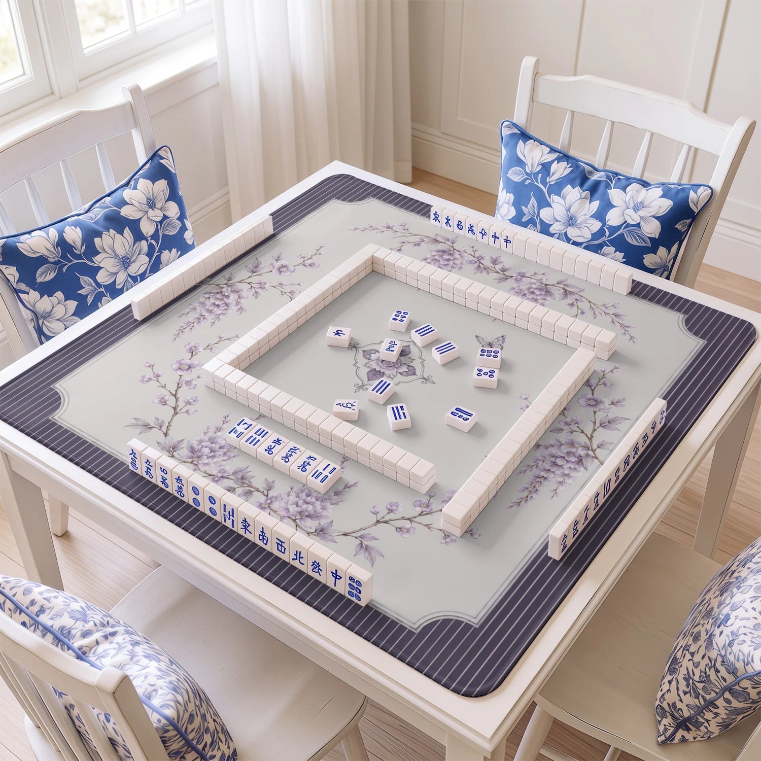 Plum Wisteria mahjong mat with tiles and racks on the table