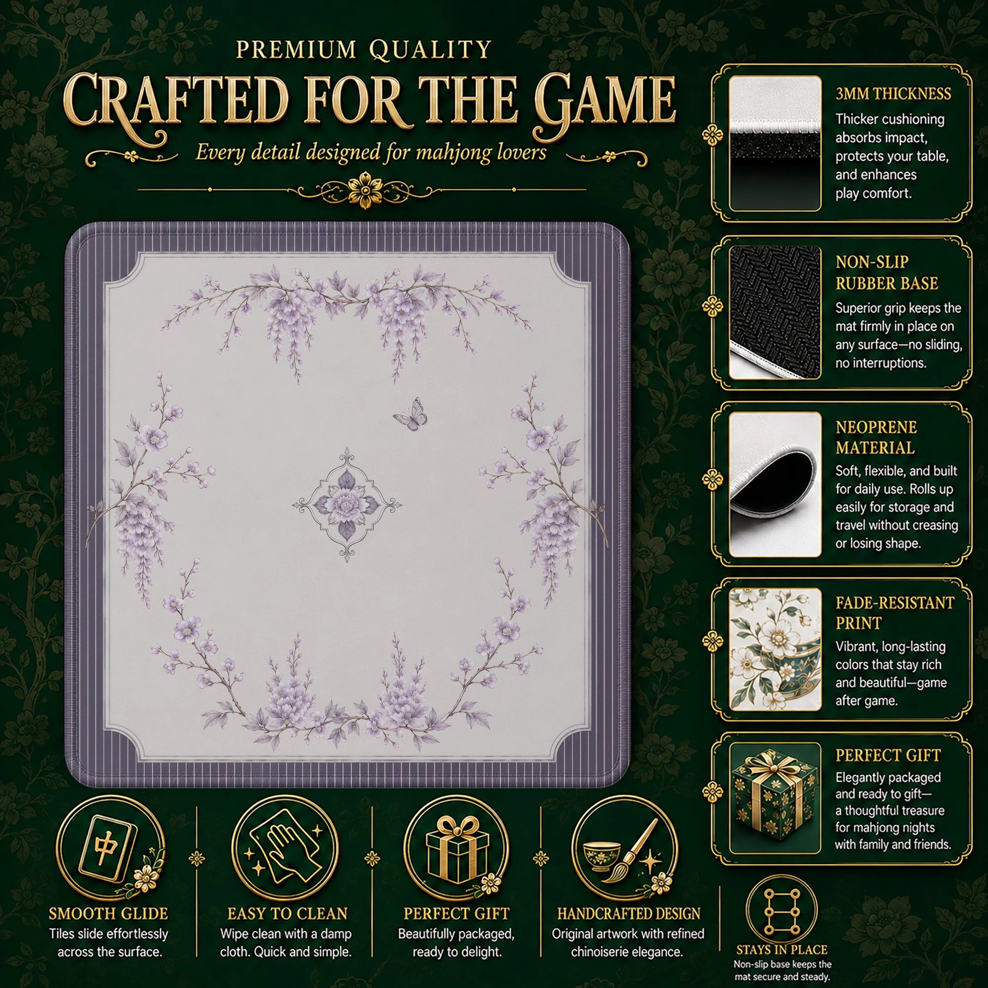Plum Wisteria Mahjong Mat – neoprene mah jongg table mat