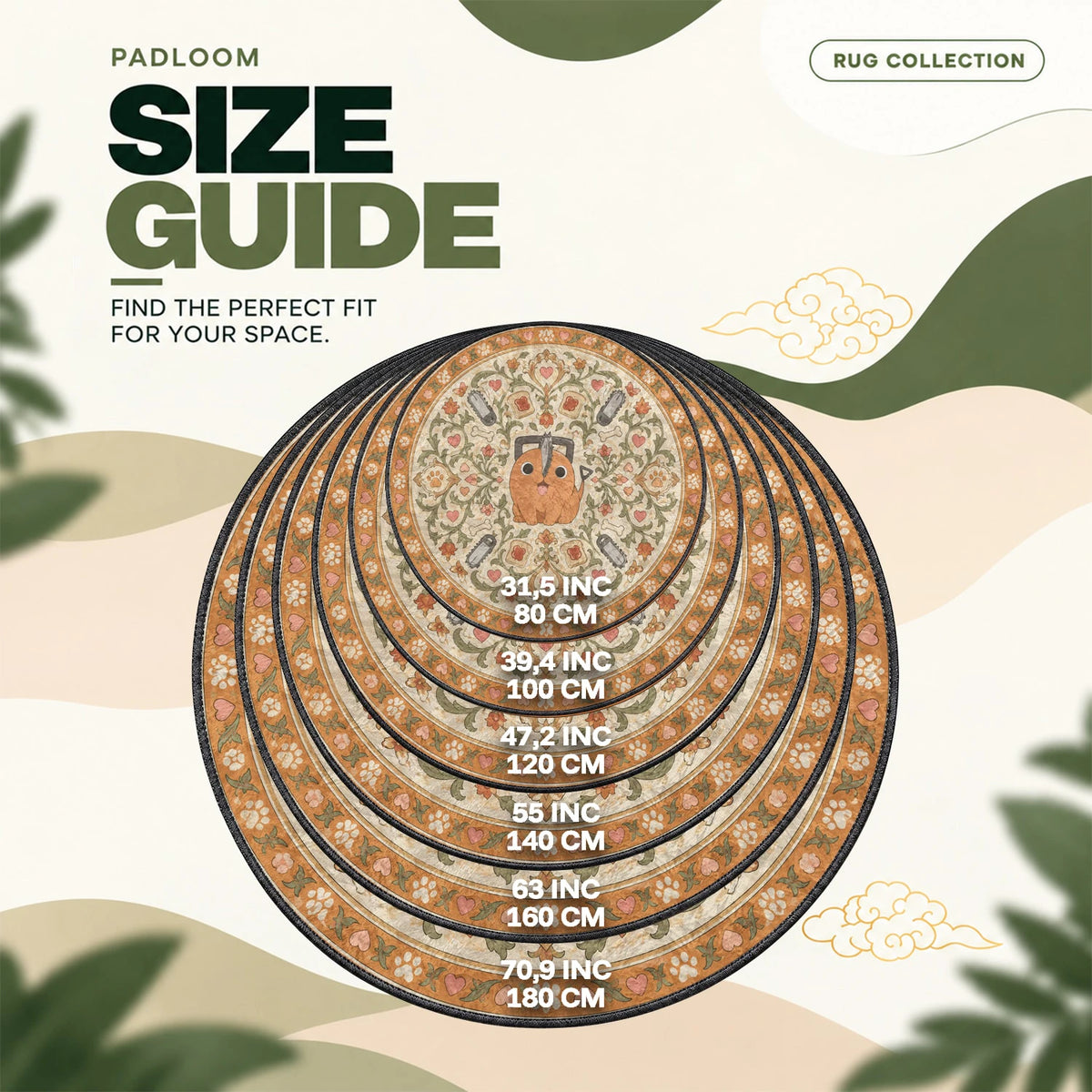 Pochita Floral round rug size guide, 80 to 180 cm (31.5 to 70.9 in)