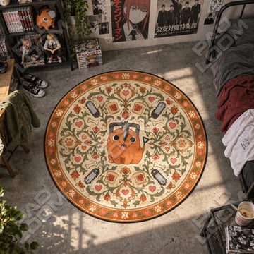 Pochita Floral Chainsaw Man round rug on a bedroom floor - Chainsaw Man chair mat