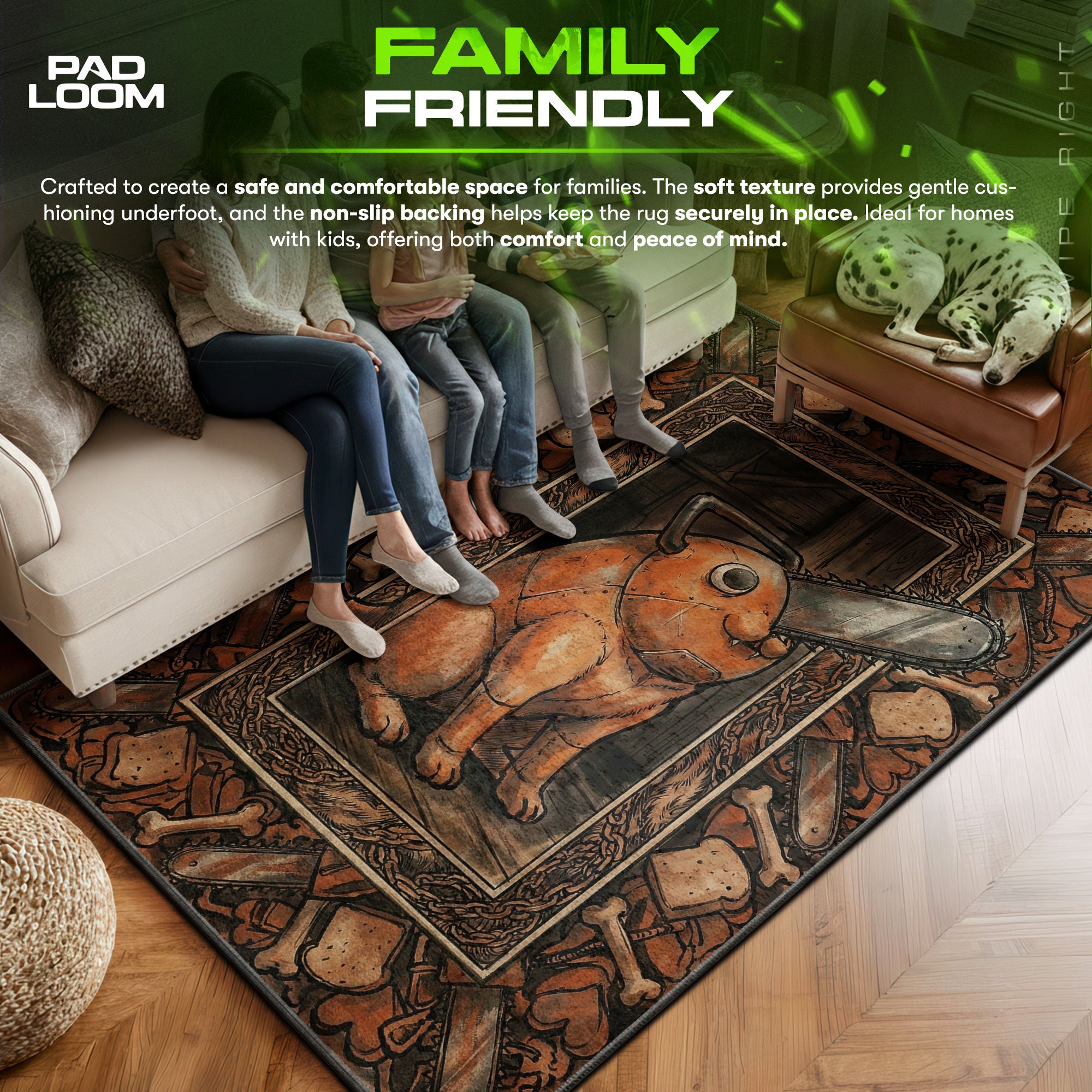 Pochita area rug showing full home decor artwork