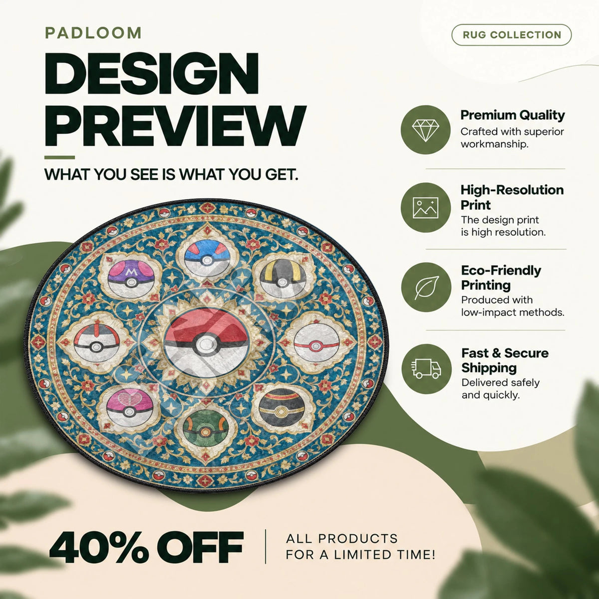 Pokeball Gilded Pokemon round rug full design preview