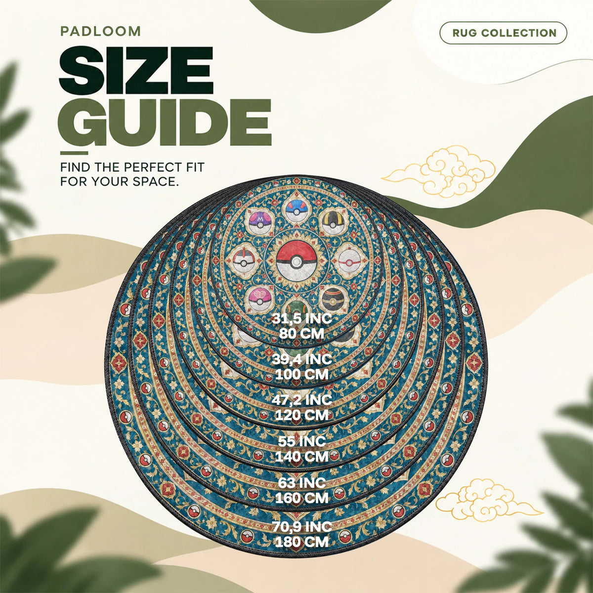 Pokeball Gilded round rug size guide, 80 to 180 cm (31.5 to 70.9 in)