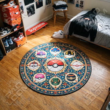 Pokeball Gilded Pokemon round rug on a bedroom floor - Pokemon chair mat