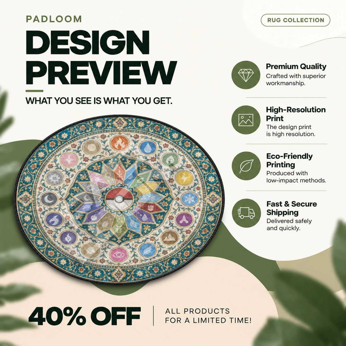 Pokeball Medallion Pokemon round rug full design preview