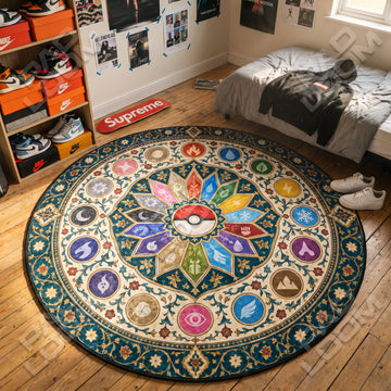 Pokeball Medallion Pokemon round rug on a bedroom floor - Pokemon chair mat