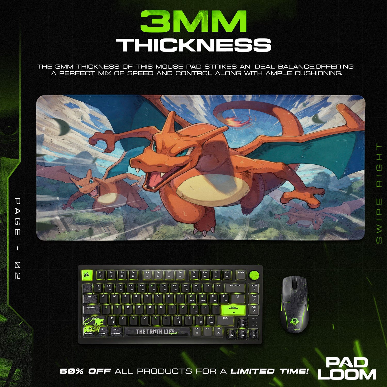 Pokemon Charizard Twin Flight Mouse Pad, Gamer Desk Mat Padloom