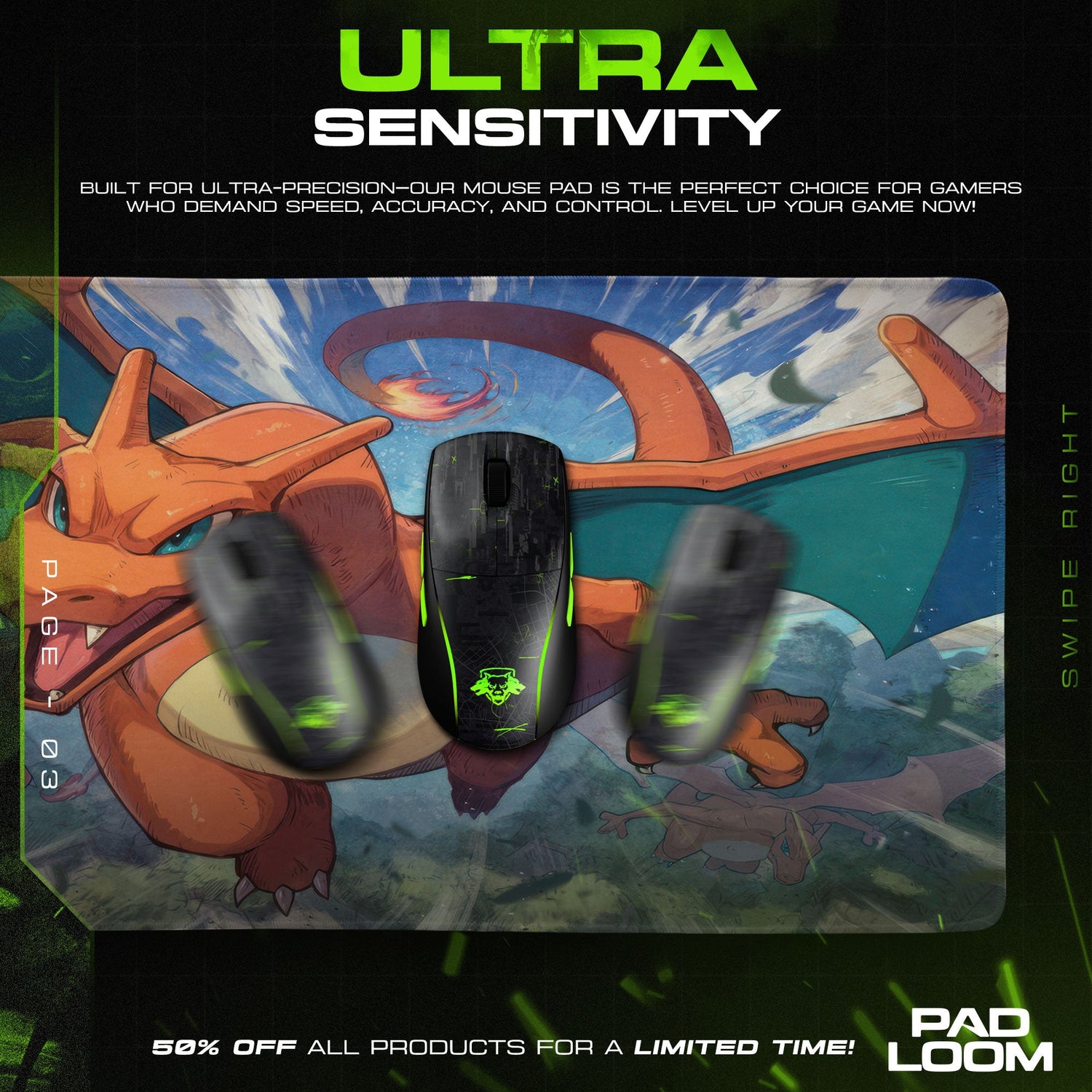 Pokemon Charizard Twin Flight Mouse Pad, Gamer Desk Mat Padloom