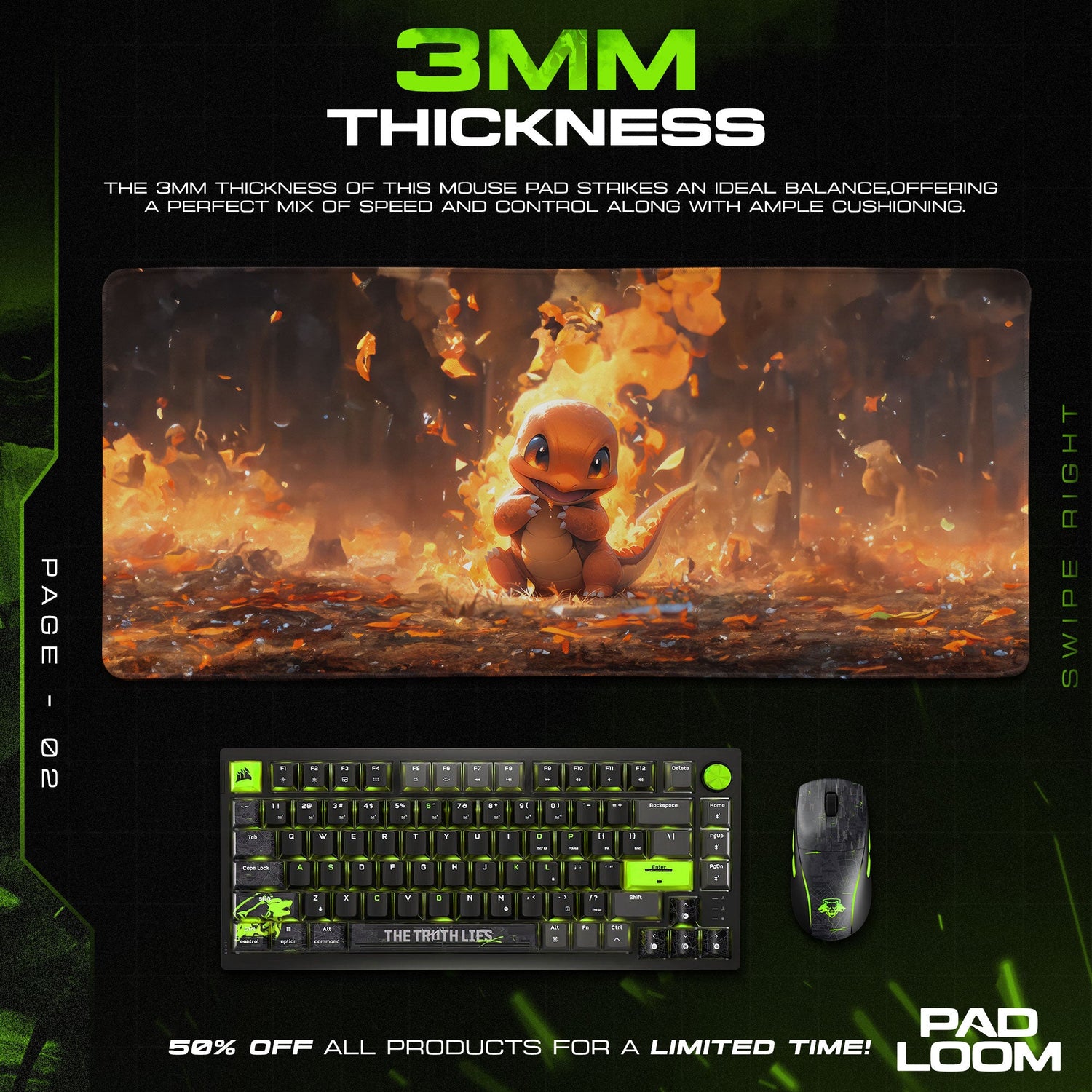 Pokemon Charmander Fire Glow Mouse Pad, Gamer Desk Mat Padloom