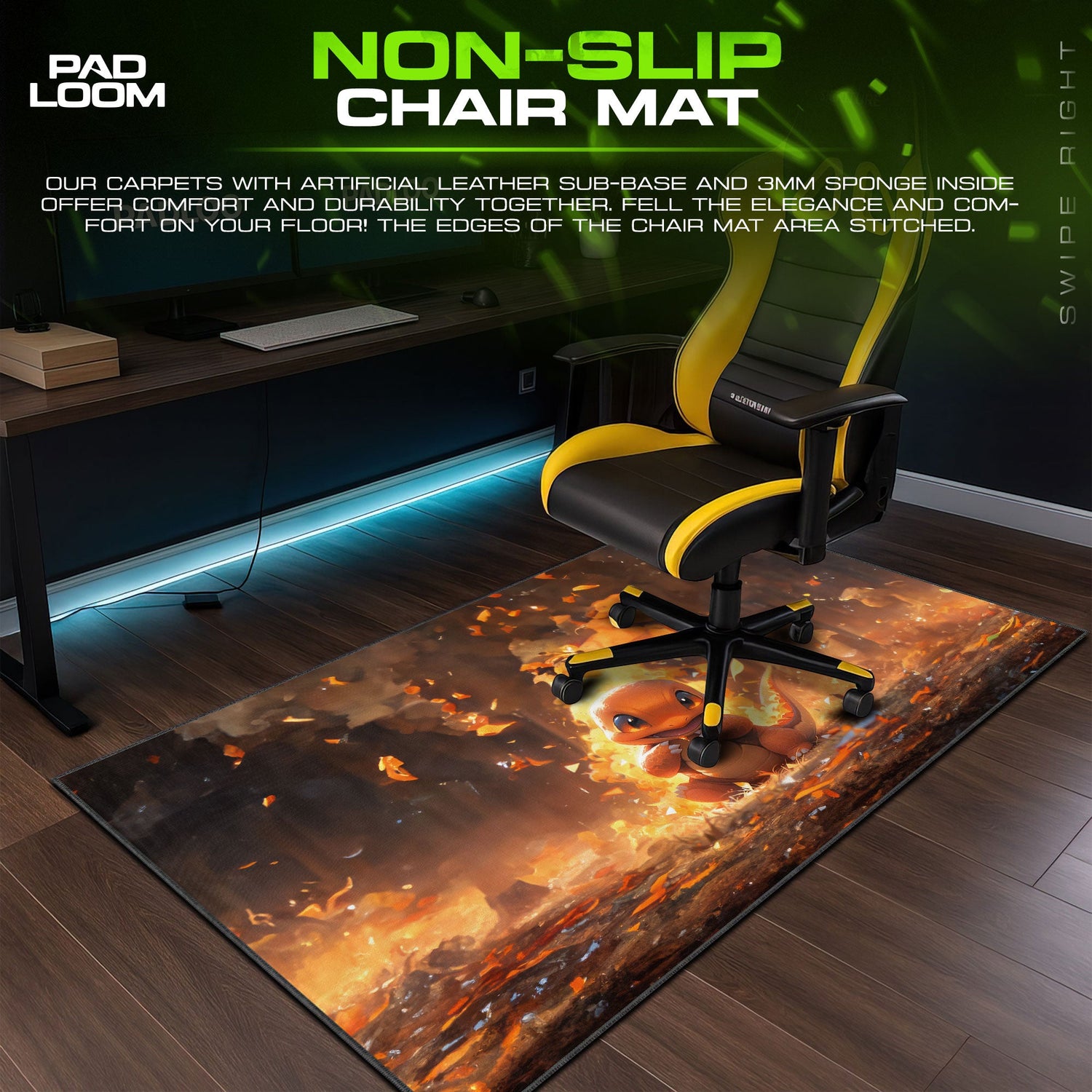 Pokemon Charmander Fire Glow Mouse Pad, Gamer Desk Mat Padloom