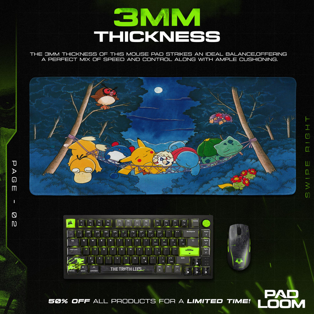 Pokemon Forest Night Mouse Pad, Cartoon Gamer Desk Mat