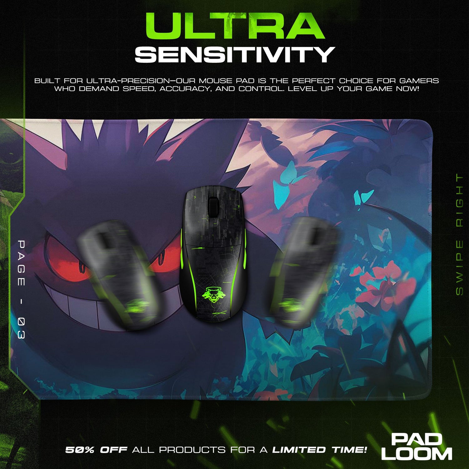Pokémon Gengar Forest Glow Mouse Pad, Gamer Desk Mat Padloom