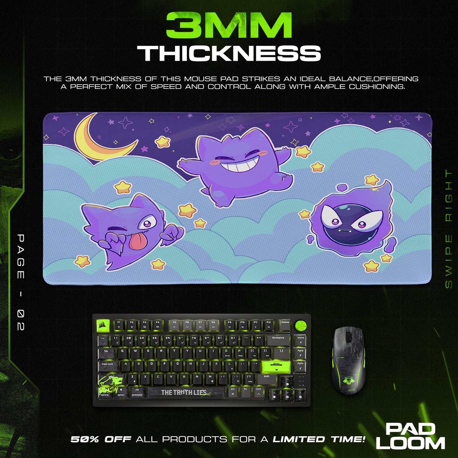 Pokémon Gengar & Haunter Night Sky Mouse Pad, Gamer Desk Mat Padloom