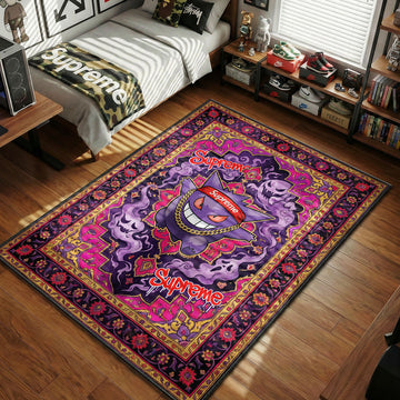 Pokemon Gengar wearing Supreme headband with ghost graffiti purple and pink hypebeast area rug