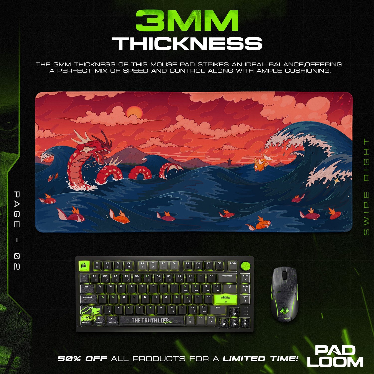 Pokémon Gyarados Sunset Waves Mouse Pad, Game Desk Mat Padloom