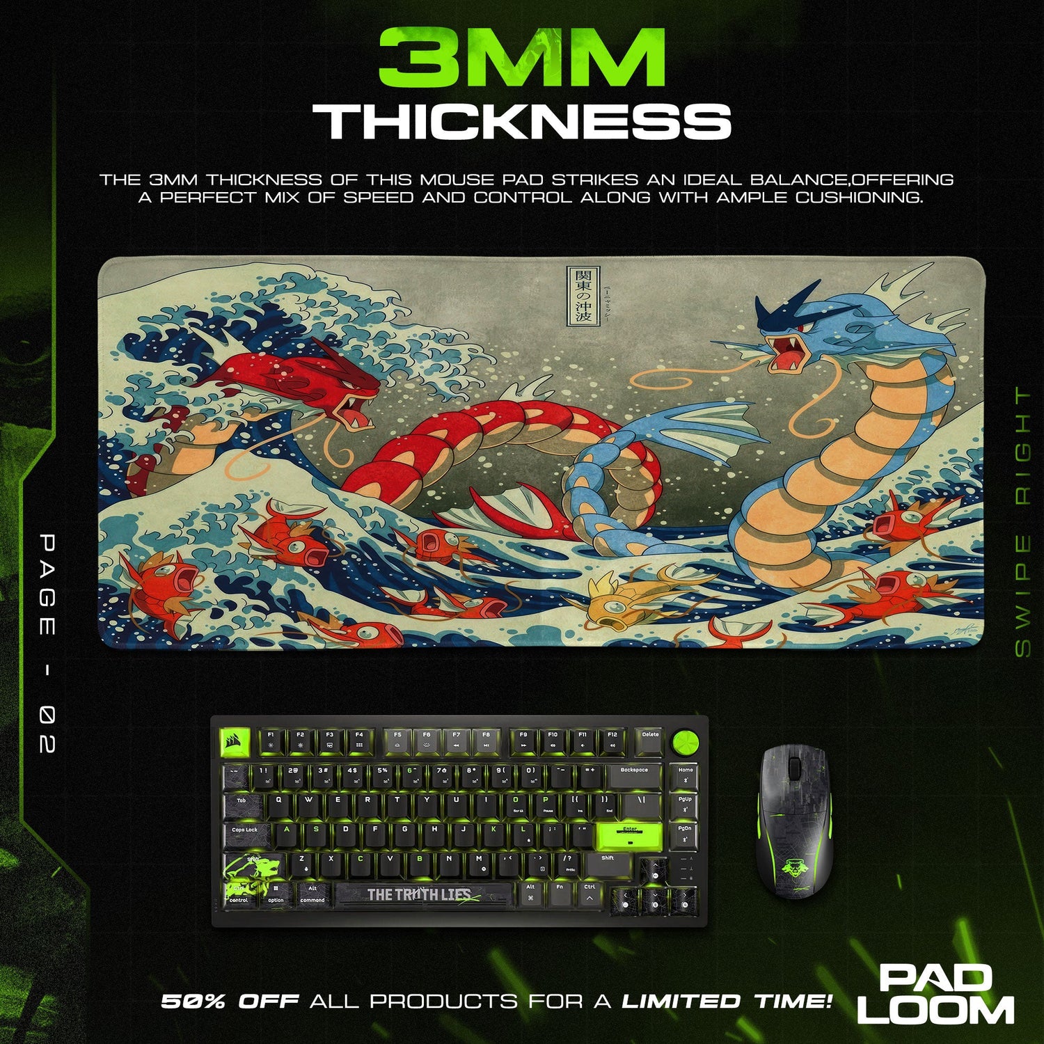 Pokemon Gyarados Wave Mouse Pad, Game Gaming Desk Mat Padloom