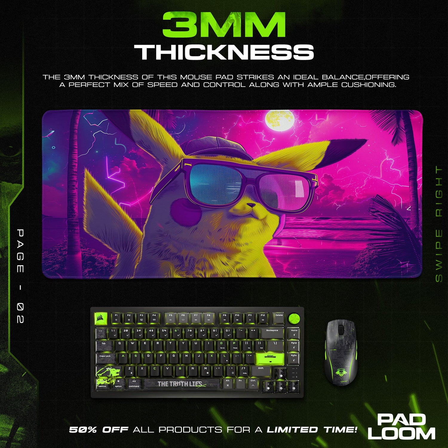 Pokemon Pikachu Neon Vibes Mouse Pad, Gamer Desk Mat Padloom