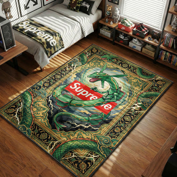 Pokemon Rayquaza Supreme box logo storm clouds green and gold hypebeast area rug