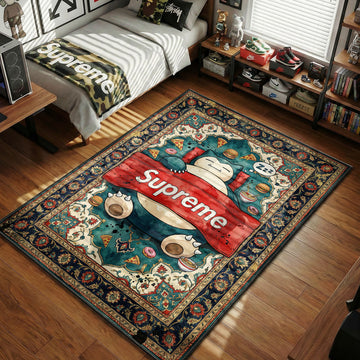Pokemon Snorlax sleeping under Supreme banner with junk food teal and red hypebeast area rug