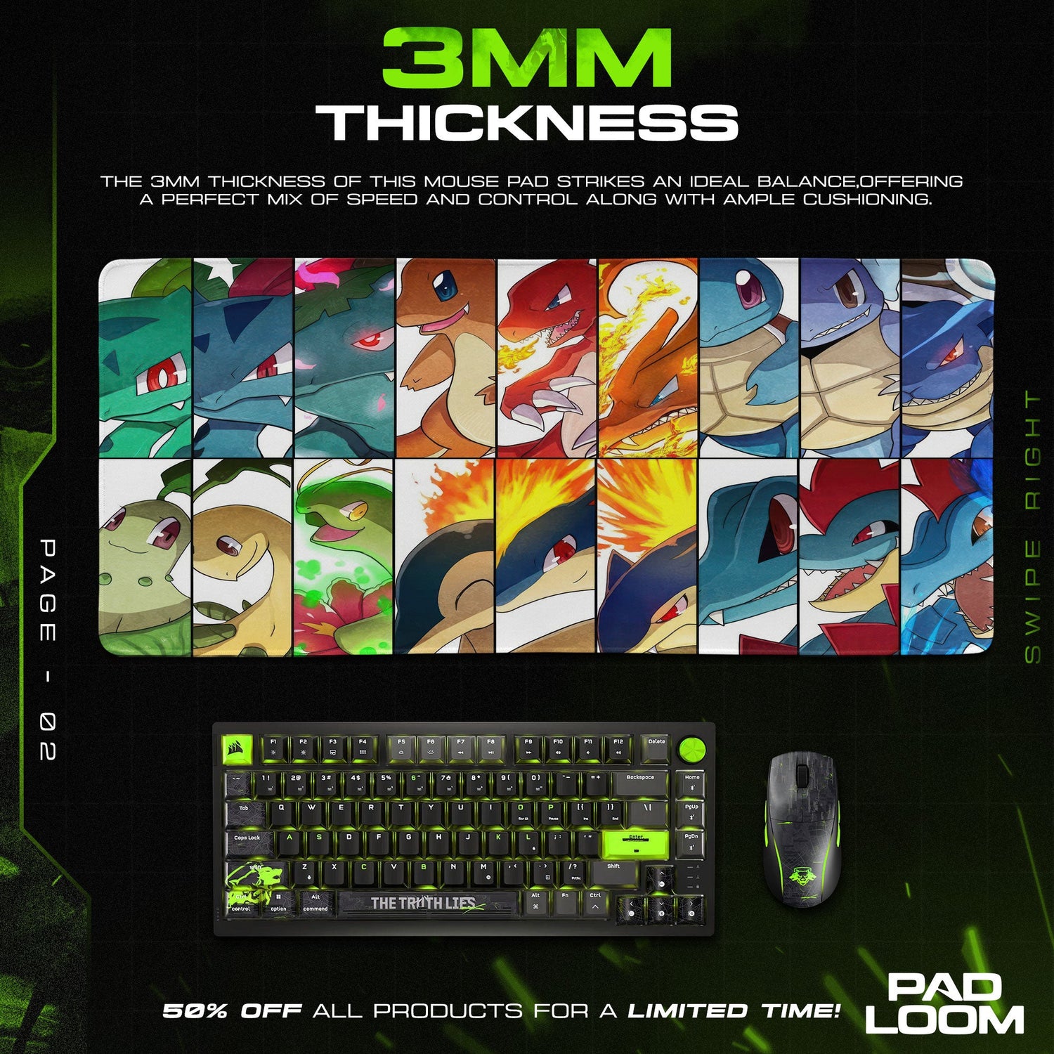 Pokemon Starter Evolution Mouse Pad, Game Gamer Desk Mat Padloom