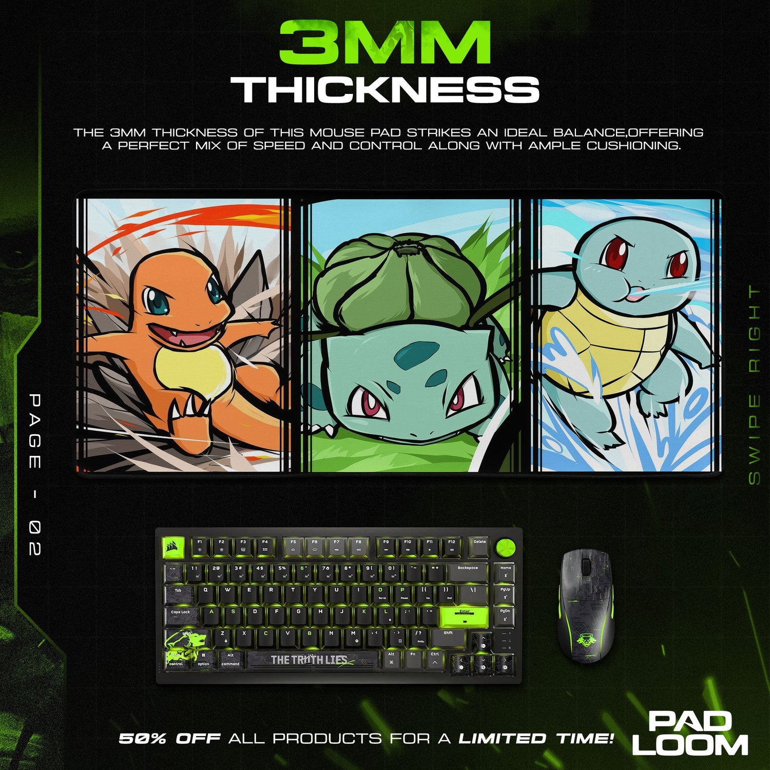Pokémon Starters Mouse Pad, Charmander Bulbasaur Squirtle Desk Mat Padloom