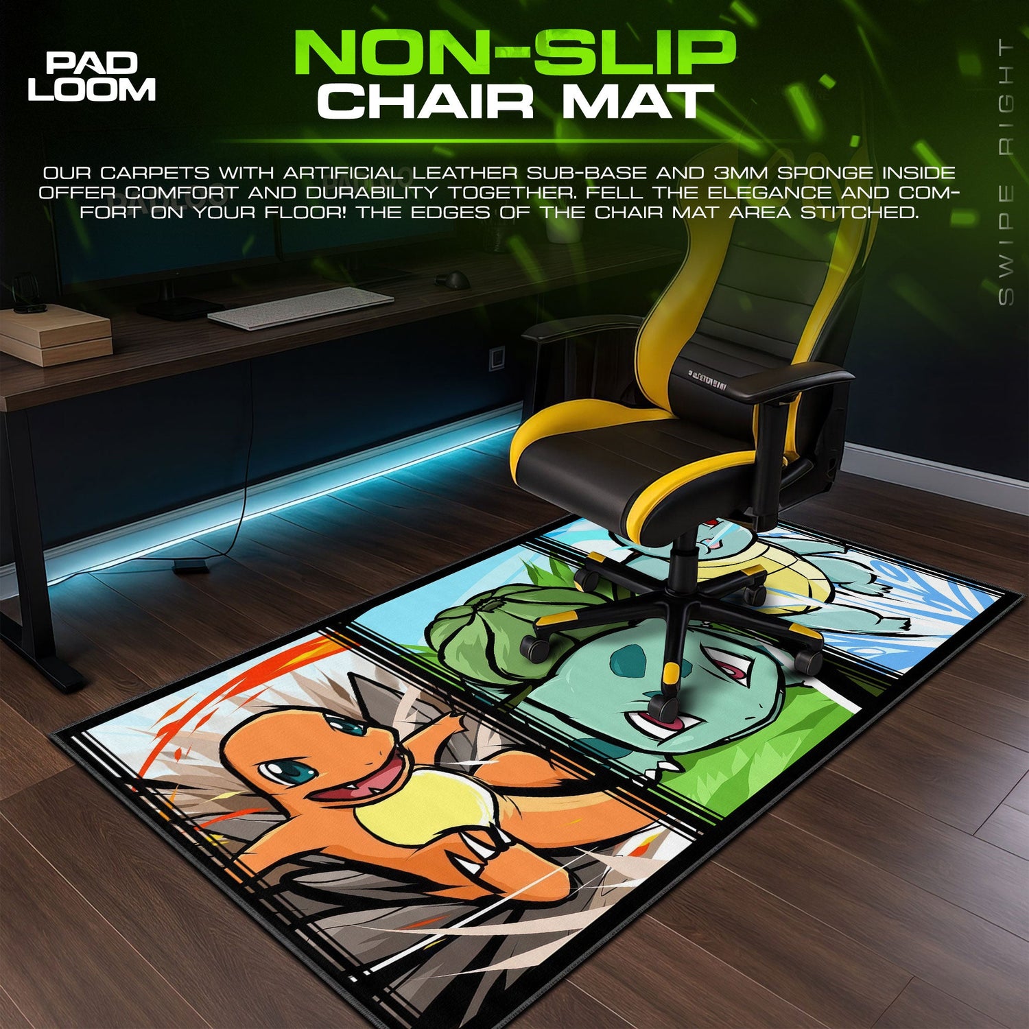 Pokémon Starters Mouse Pad, Charmander Bulbasaur Squirtle Desk Mat Padloom