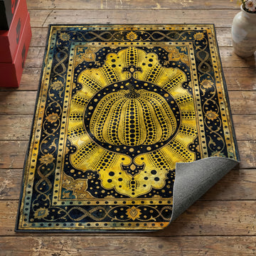 Polka dot pumpkin pop art area rug with yellow dotted gourd on dark navy ornamental field