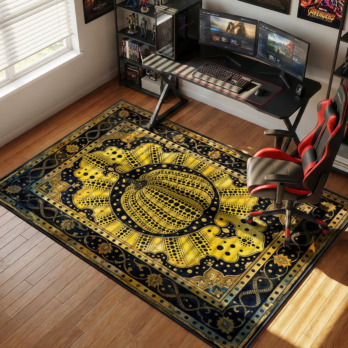 Pop art pumpkin rug placed in a gallery-style living room with white walls and minimal furniture