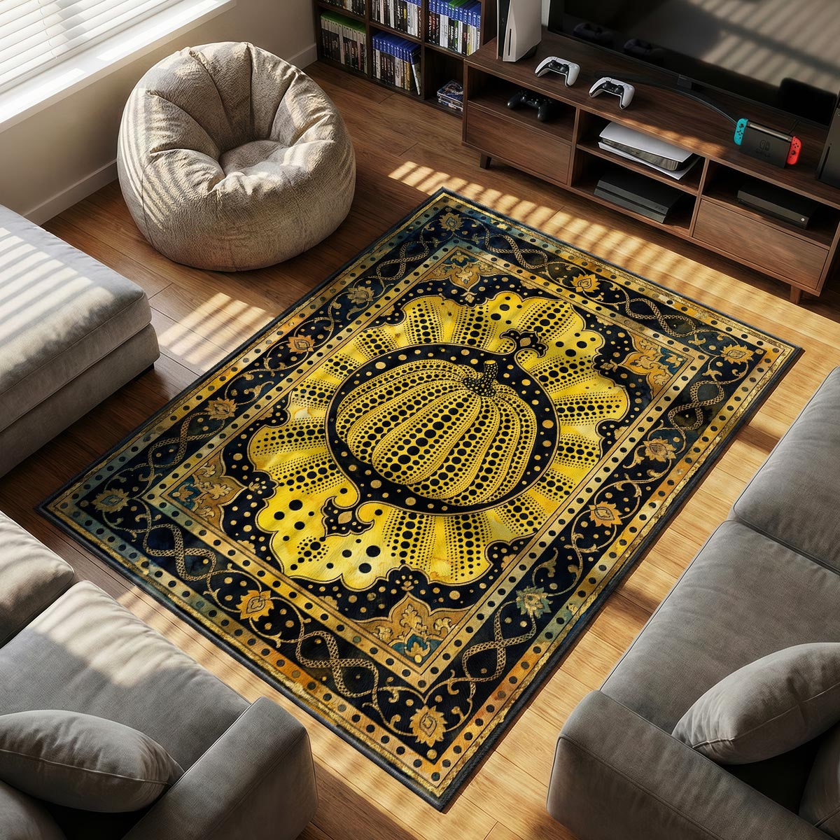 Close-up of polka dot pumpkin rug showing black dot pattern and scalloped gold medallion on velvet