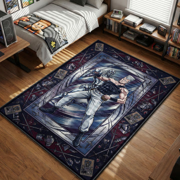 Jean Pierre Polnareff posing with Silver Chariot and a rapier, surrounded by a border of Chariot Tarot cards, armor pieces, and broken heart earrings.