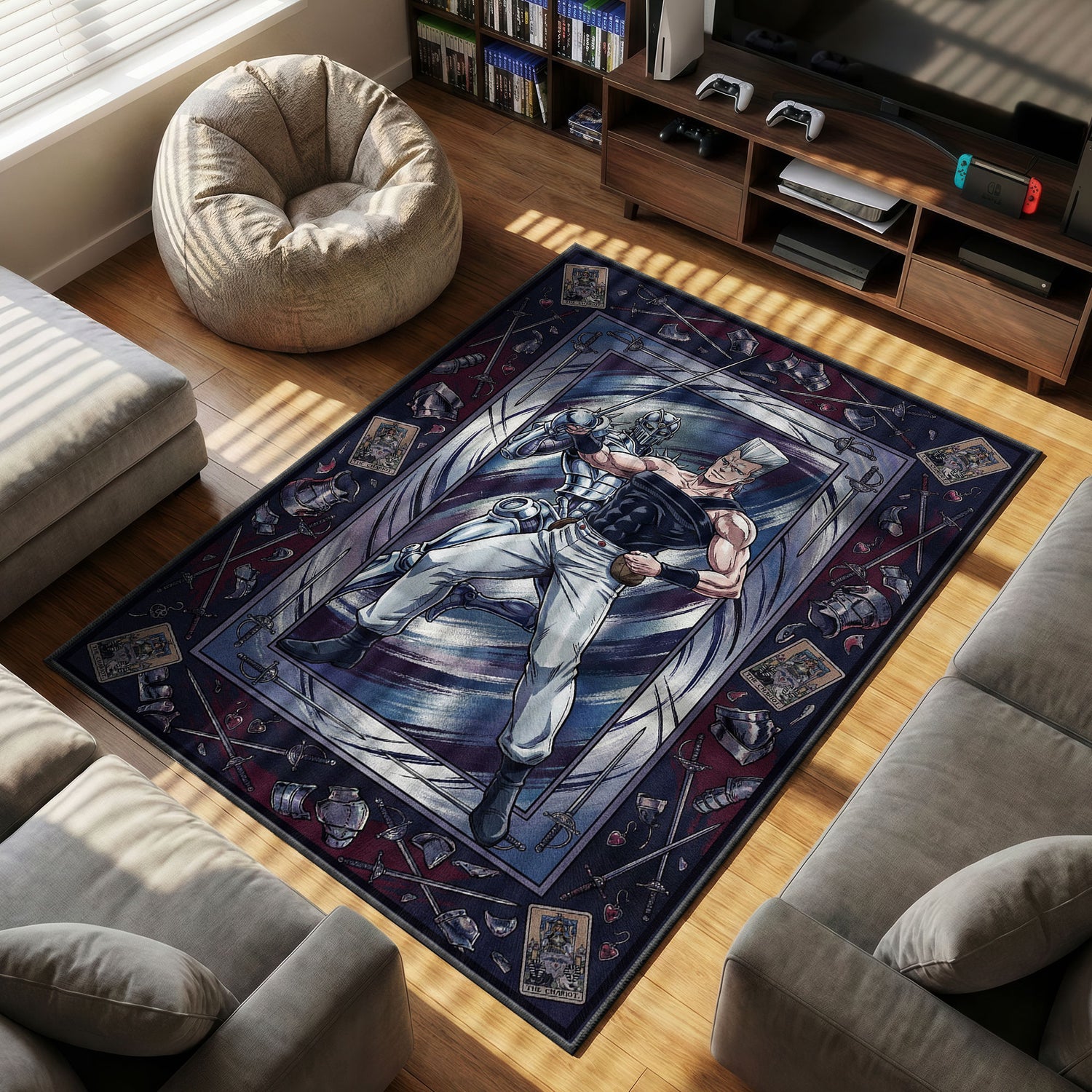 Polnareff Silver themed area rug for home decor fans