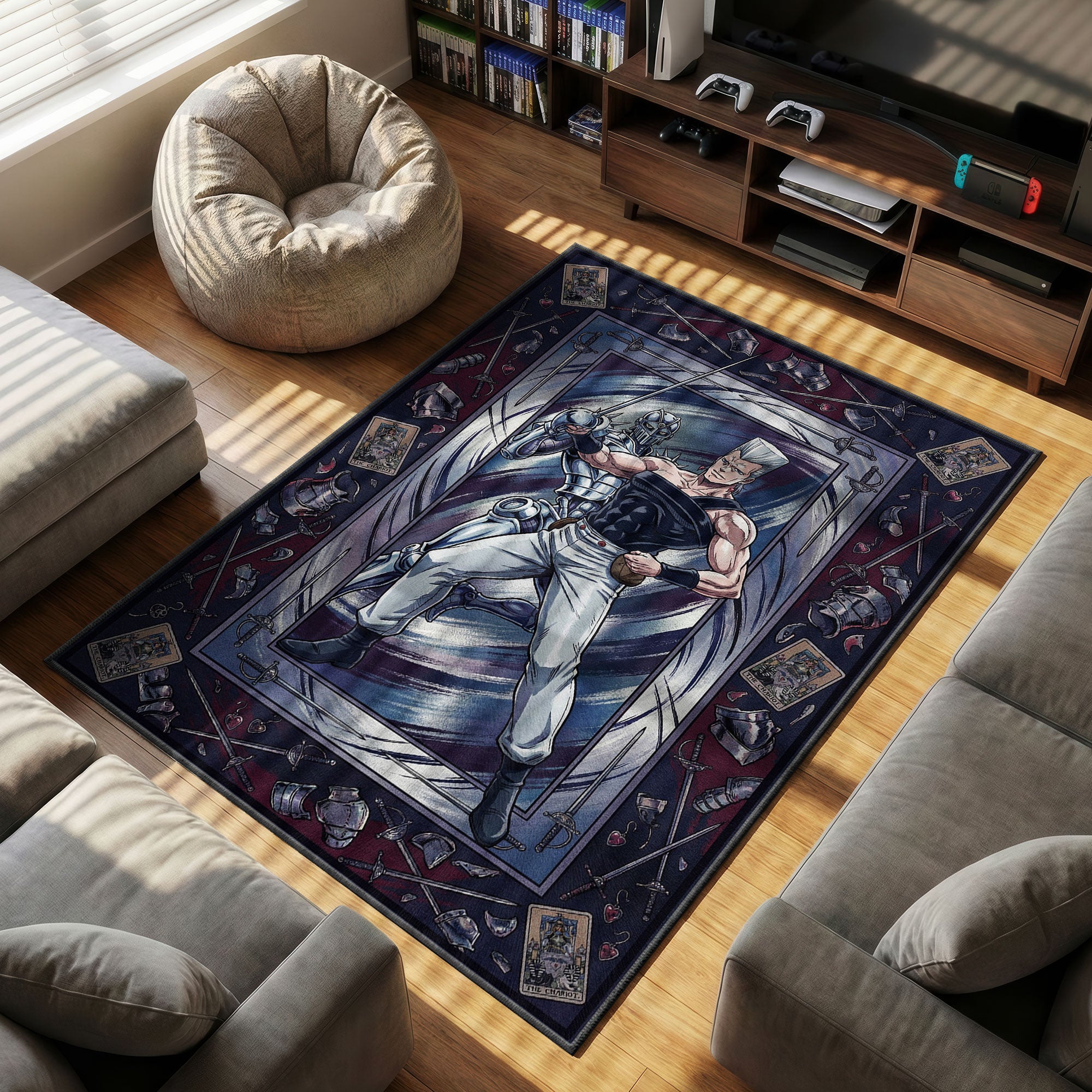 Polnareff Silver themed area rug for home decor fans