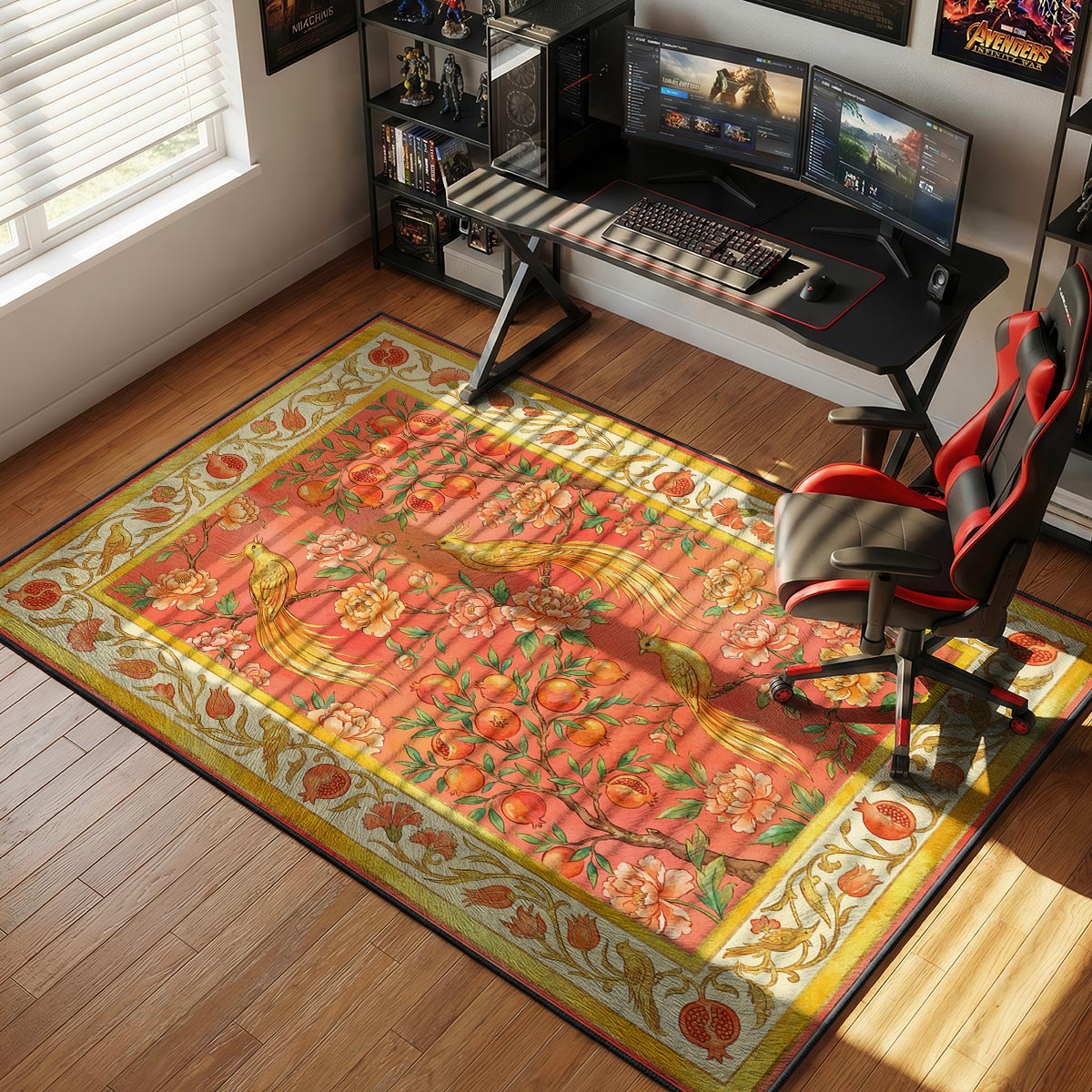 Birds and pomegranate rug placed in a sunlit living room with rattan furniture and linen curtains