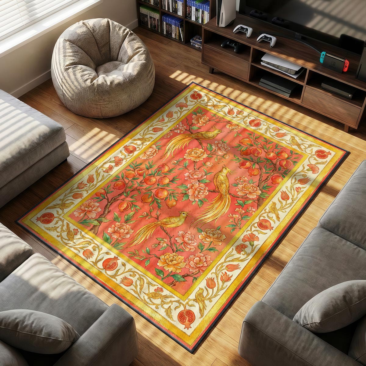 Close-up of pomegranate garden rug showing split fruit detail and gold-leaf feather accents