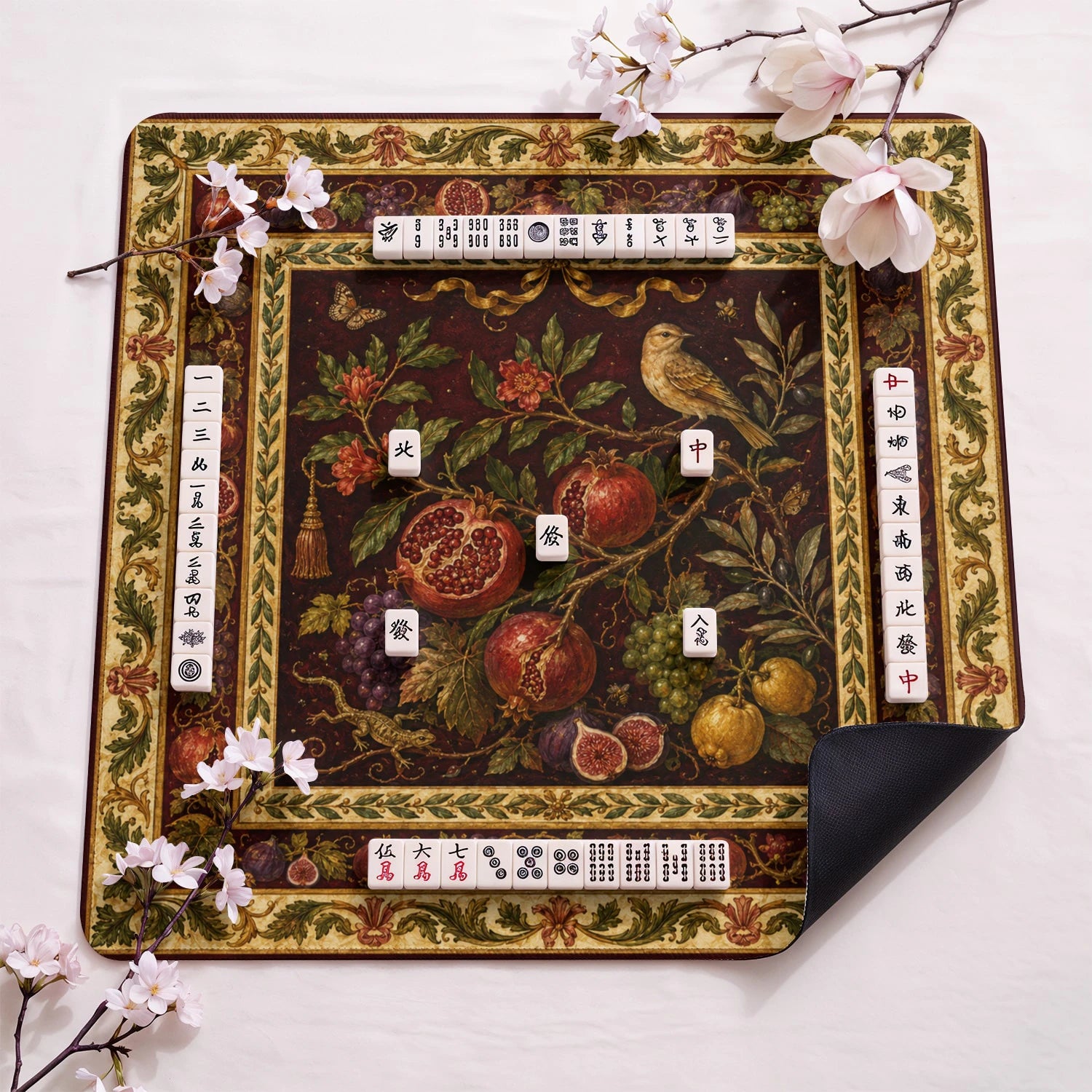 Pomegranate design close-up on mahjong mat surface