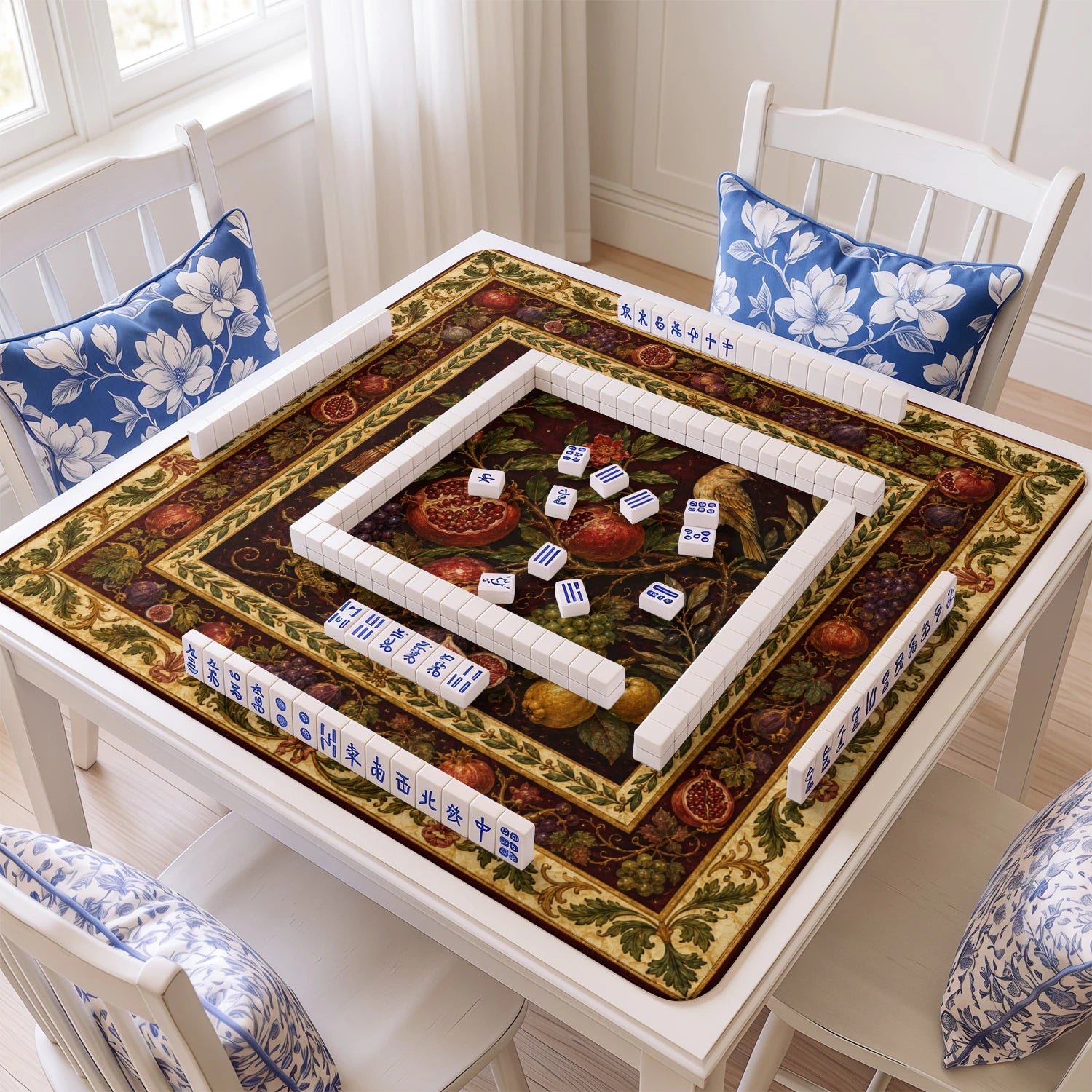 Pomegranate mahjong mat with tiles and racks on the table