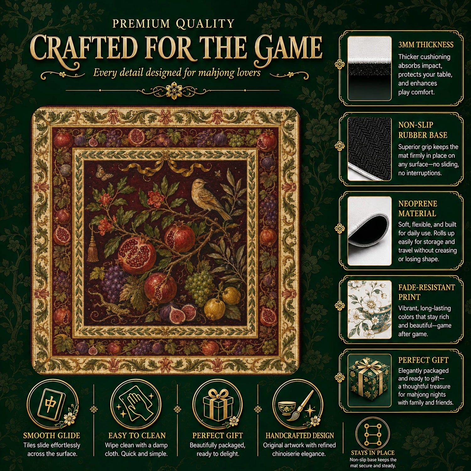 Pomegranate Mahjong Mat – neoprene mah jongg table mat