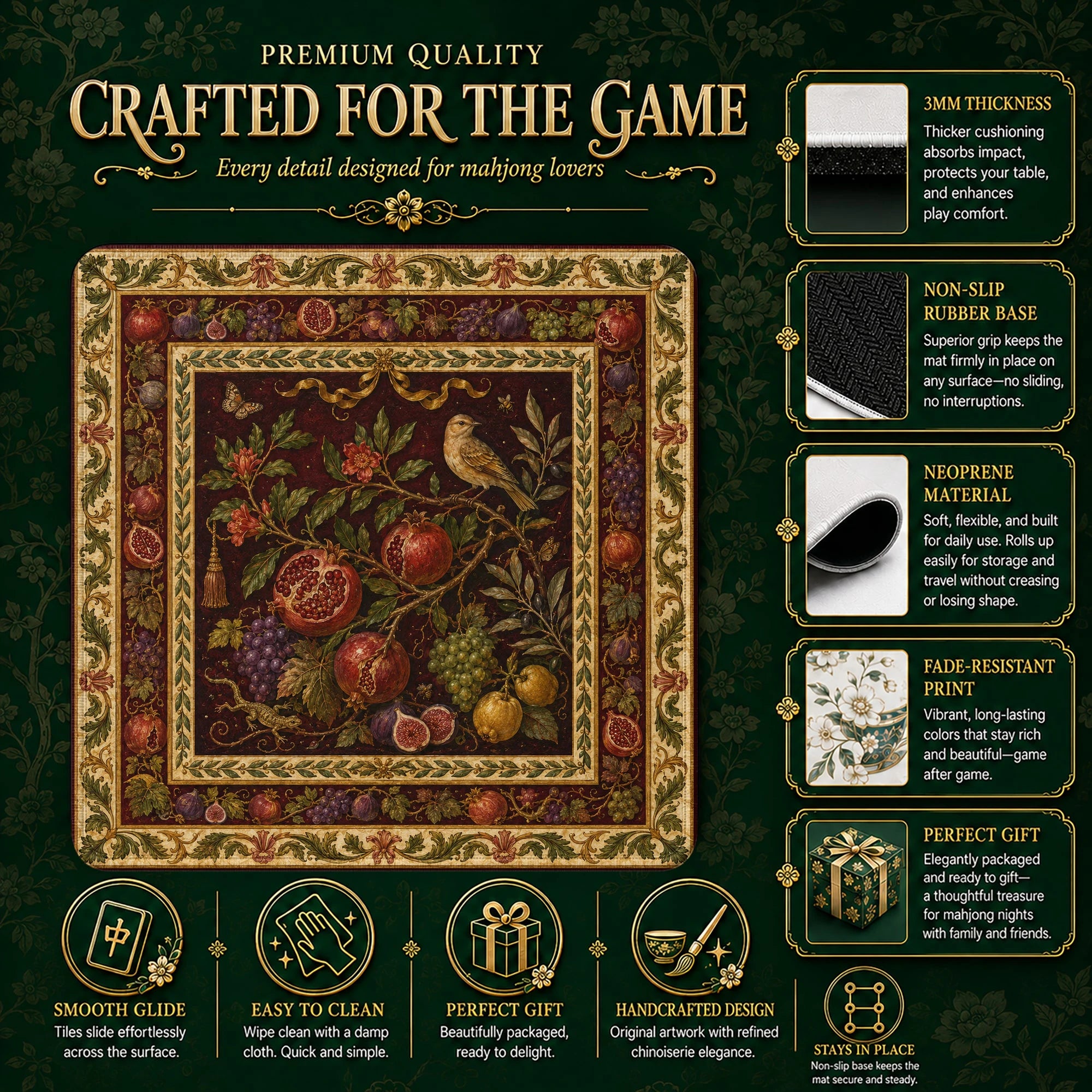 Pomegranate Mahjong Mat – neoprene mah jongg table mat
