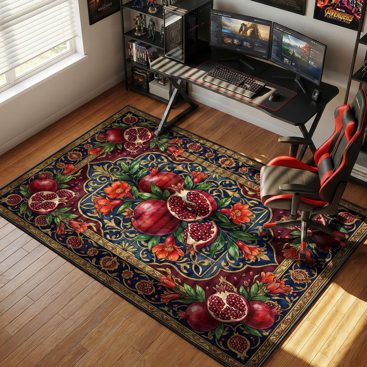 Pomegranate kitchen rug on dark marble floor near gold-accented kitchen hardware and candles