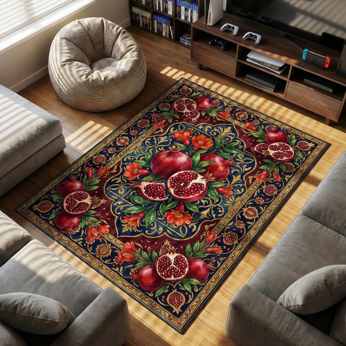 Close-up of pomegranate mat showing individual ruby aril detail and gold border on velvet