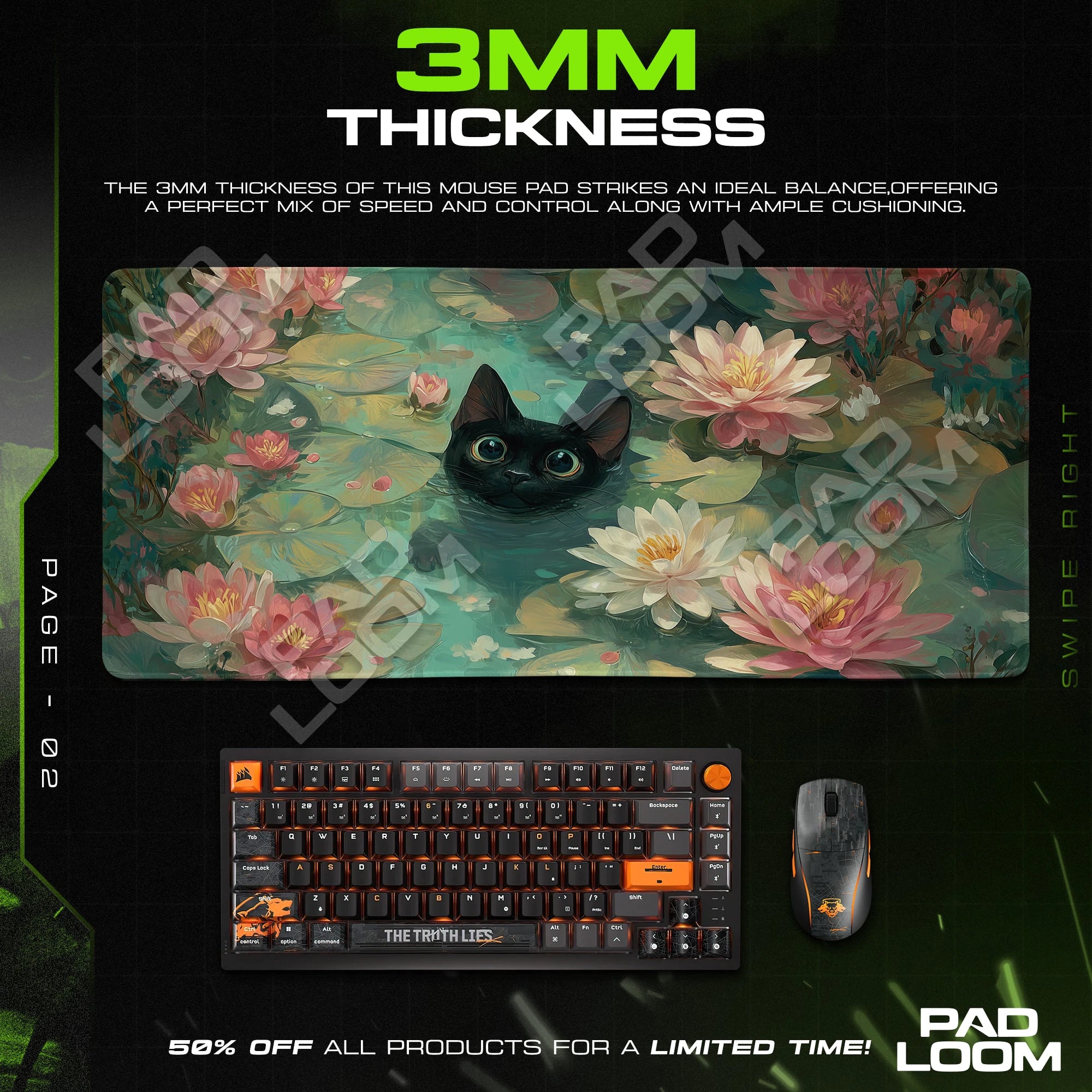 Pond Cat Waterlily Mouse Pad - Cat Art Desk Mat