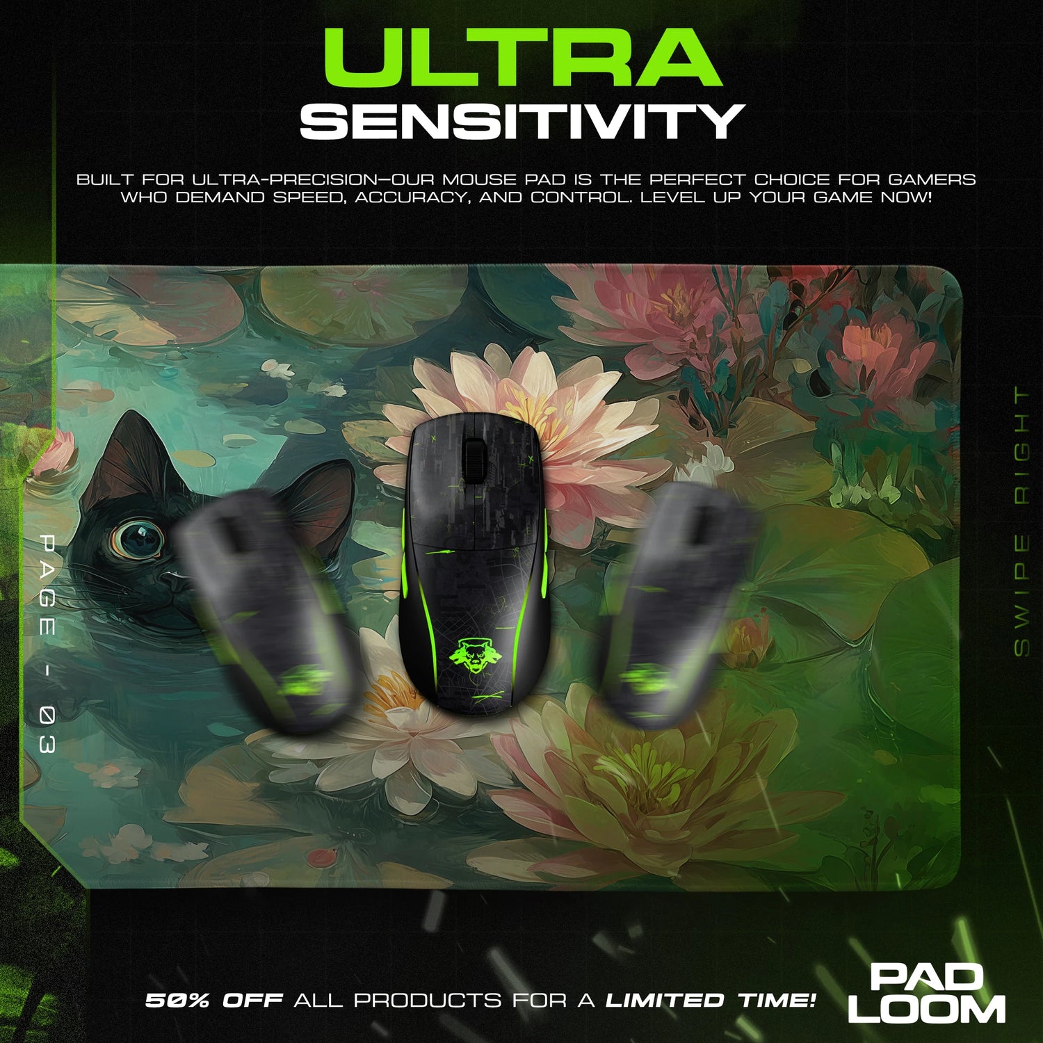 Pond Cat Waterlily Mouse Pad - Cat Art Desk Mat