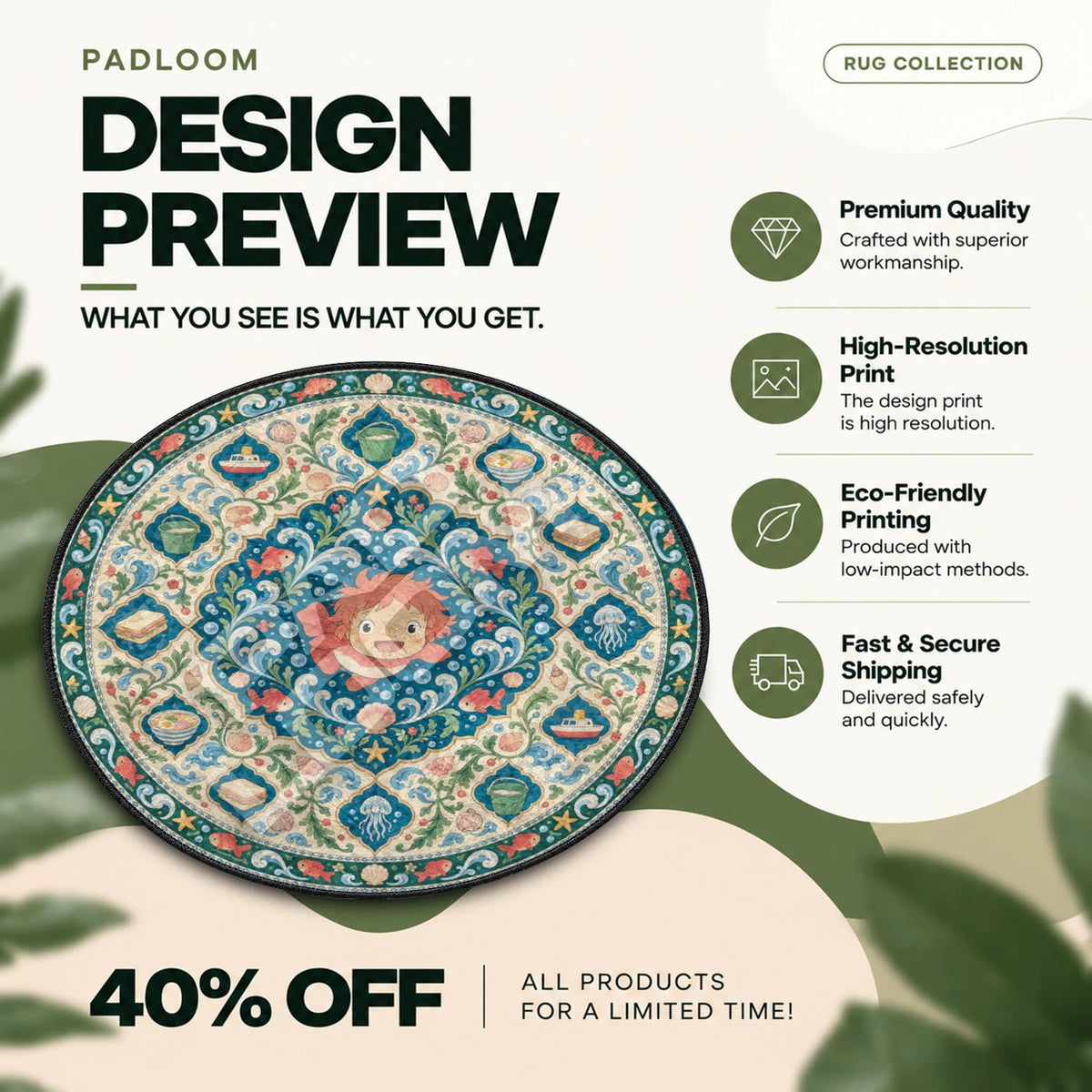 Ponyo Medallion Studio Ghibli round rug full design preview
