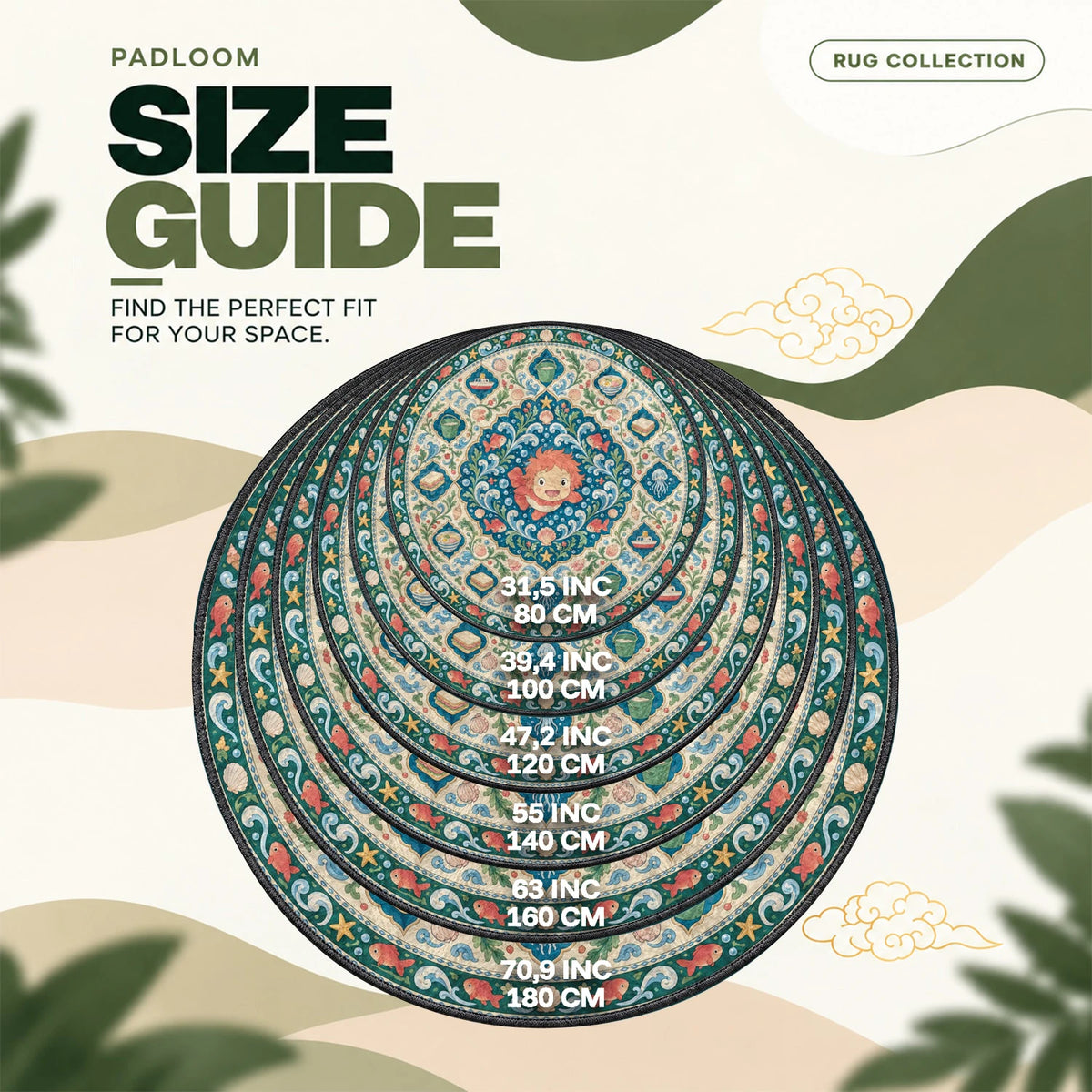Ponyo Medallion round rug size guide, 80 to 180 cm (31.5 to 70.9 in)