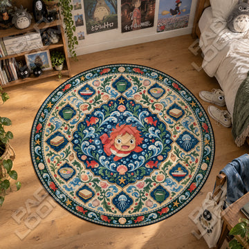 Ponyo Medallion Studio Ghibli round rug on a bedroom floor - Studio Ghibli chair mat