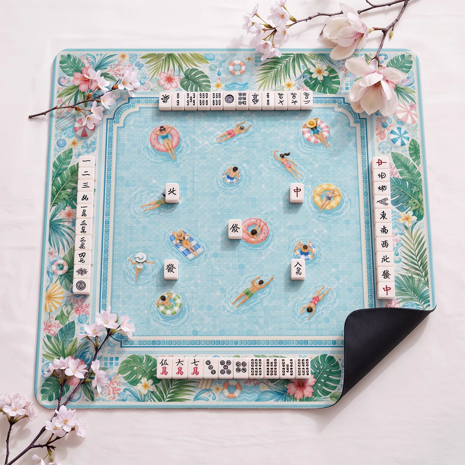 Pool Party design close-up on mahjong mat surface