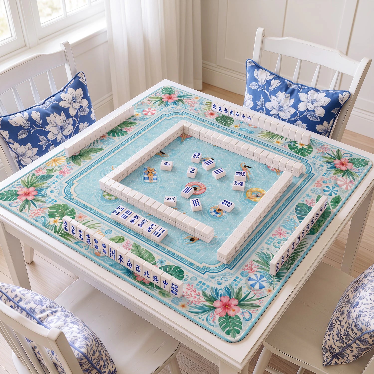 Pool Party mahjong mat with tiles and racks on the table