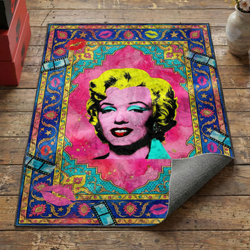 Pop art glamour portrait area rug with yellow hair and pink skin on hot pink and turquoise field
