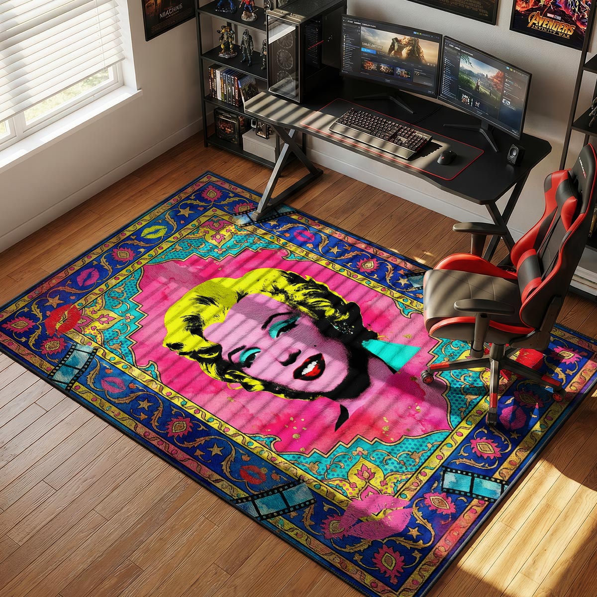 Pop art portrait rug placed in a bright room with white walls and gold accent furniture